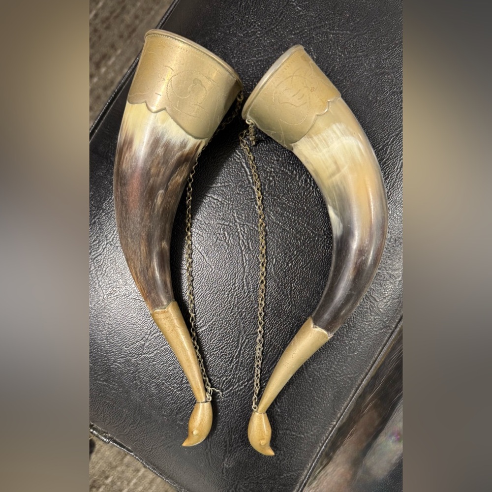 Two Vintage Georgian Drinking Horns wall decor cow horn with metal .